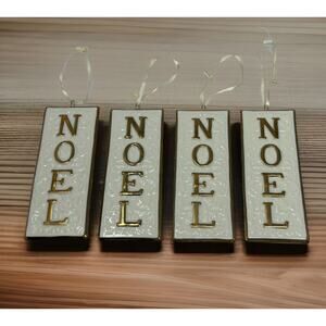 Vintage Set of 4 Porcelain‎ NOEL JOY Christmas Ornaments White Gold Floral